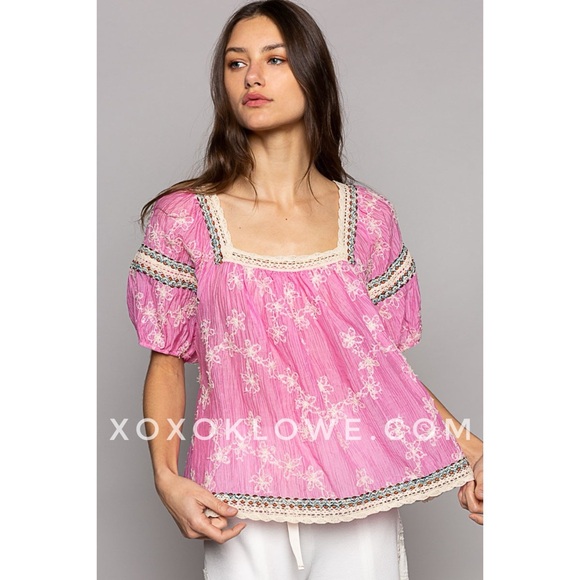 POL Pink Floral Embroidered Square Neck Half Sleeve Chiffon Top - Picture 3 of 15